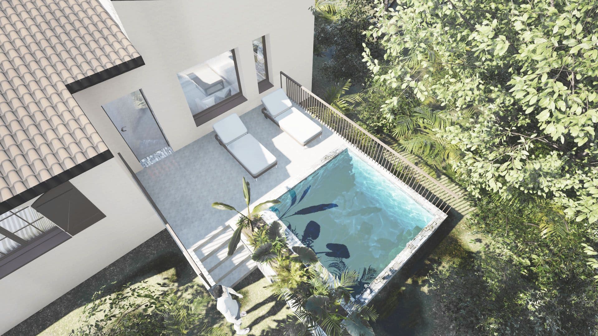 vue sur la terrasse et la piscine